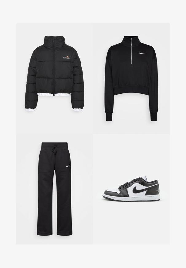 Svart dunjakke med høy krage, kort design og ribbet hvit kant. Har glidelåslukking foran og ellesse-logo på brystet.; Svart kortermet genser med høy krage, halvdirkjenning, ribbede mansjetter og en liten hvit Nike-logo på venstre bryst. Myk stofftekstur.; Sorte joggebukser laget av en bomullsblanding, med strikk i midjen, rette ben, og en hvit Nike-logo på venstre side.; Sorte og hvite Nike lave sneakers har en glatt læroverdel, rund tå, snøring og en mønstret gummisåle.