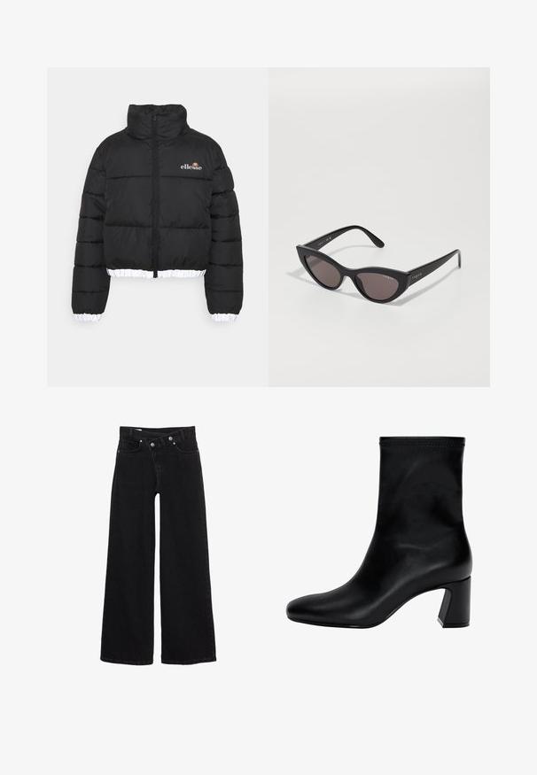Czarna puchowa kurtka z wysokim kołnierzem, skróconym krojem i prążkowanym białym dołem. Posiada zamek z przodu oraz logo ellesse na piersi.; Czarny sweter z długim rękawem, dzianinowy, z okrągłym dekoltem, ribbowymi mankietami i dolnym wykończeniem oraz skróconą długością.; Czarne, wysokie spodnie dżinsowe z szerokimi nogawkami, z kieszeniami z przodu, szlufkami na pasek i podwójnym zapięciem na guziki.; Czarny botek na kostkę wykonany z gładkiej skóry. Posiada kwadratowy czubek, elastyczny górny brzeg oraz masywny obcas zapewniający stabilność. Minimalistyczny design.; Okulary przeciwsłoneczne w kocim kształcie z matową czarną oprawą i ciemnymi soczewkami, z logo "Vogue" po boku oraz charakterystycznym kanciastym kształtem.; Even&Odd - Torebka