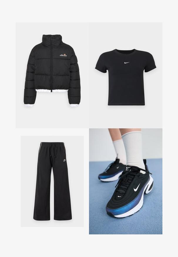 Crna puf jakna s visokim ovratnikom, skraćenim dizajnom i rebrastim bijelim rubom. Ima zatvaranje na patentni zatvarač sprijeda i ellesse logotip na prsima.; Crna majica kratkih rukava od pamuka s okruglim izrezom. Ima bijeli Nike logotip na prsima, minimalistički dizajn i oblik koji prati liniju tijela.; Crne trenerke od mekog materijala, s elastičnim pojasom i špagom, bočnim trakama i malim logotipom na prednjem lijevom dijelu.; Crne Nike tenisice s glatkom tkaninom, s gradijentnim dizajnom od plave do crne boje, bijelim potplatom i istaknutim logotipovima.