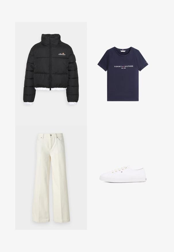 Jachetă puffer neagră cu guler înalt, design scurt și tiv alb cu model în relief. Prezentă un fermoar în față și logo-ul ellesse pe piept.; Tricou bleumarin cu mâneci scurte, gât rotund și text alb „Tommy Hilfiger EST. 1985” și logo pe față.; Blugi albi evazați dintr-o țesătură din bumbac. Prezintă un fermoar la braguă, un design cu cinci buzunare și cusături de-a lungul cusăturilor.; Adidași albi din pânză cu oeți aurii, șireturi plate, talpă din cauciuc texturată și branding minim pe lateral. Design cu profil jos.