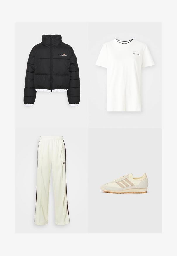 Juodas pūkinis džemperis su aukštu apykakle, sutrumpinta forma ir banguota balta apdaila. Turi užtrauktuką priekyje ir ellesse logotipą ant krūtinės.; Balta medvilnė marškinėliai su trumpomis rankovėmis ir apvalia iškirpte. Ant krūtinės yra juodas Adidas logotipas, o vidinė apykaklė yra kontrastinga juoda.; Kreminės spalvos laisvos kelnės, turinčios tamsiai rudas šonines juostas ir išsiuvinėtą logotipą kairiajame šlaunyje.; Kreminių spalvų sportiniai bateliai su trimis bežinėmis juostelėmis, pagaminti iš zomšos ir tekstilės medžiagų, su tekstūruota baze ir įspaustu prekiniu ženklu ant kulno.