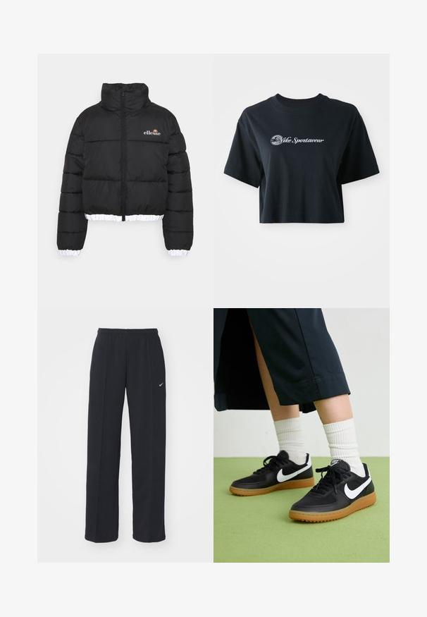 Black puffer jacket with a high collar, cropped design, and ribbed white hem. Features a zip front and ellesse logo on the chest.; Cropped black cotton t-shirt with short sleeves, featuring white text "Vice Sportswear" and a circular graphic on the front.; Black Nike jogger pants with an elastic waistband and side pockets, featuring a small white logo on the left leg and a straight fit design.; Black leather and synthetic sneakers with white Nike swoosh, rubber gum sole, round toe, and black laces. Ribbed white socks visible.