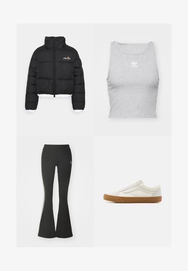 Crna puf jakna s visokim ovratnikom, skraćenim dizajnom i rebrastim bijelim rubom. Ima zatvaranje na patentni zatvarač sprijeda i ellesse logotip na prsima.; Sivi kratki crop top bez rukava od mekog materijala, sa okruglim izrezom i malim bijelim Adidas logotipom na prsima.; Crne flared tajice izrađene od rastezljivog materijala, s visokim pojasom i bijelim bočnim trakama. Sadrži mali logo na pojasu.; Bijeli platneni tenisice niskog profila s gumiranim potplatom, okruglim vrhom, vezanjem i bočnom kožnom prugom.