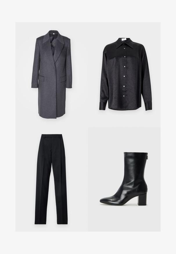 Šedý kabát z vlněné směsi s přiléhavým střihem, klopovými límci, klopovými kapsami a rovnou siluetou, s hladkým vnitřním podšívkou.; Černá košile s dlouhým rukávem a límečkem, s jakostní texturou, plně zapínací, s manžetami. Vyrobena z hladkého materiálu.; Černé kalhoty vyrobené z hladké tkaniny, vybavené vysokým pasem, širokými nohavicemi, předními záhyby a klasickými poutky na opasek. Nejsou viditelné boční kapsy.; Černé kožené kotníkové boty s špičatou špičkou a blokovým podpatkem o výšce 4 cm. Elegantní design obsahuje boční zip pro snadné obouvání. Hladká textura.