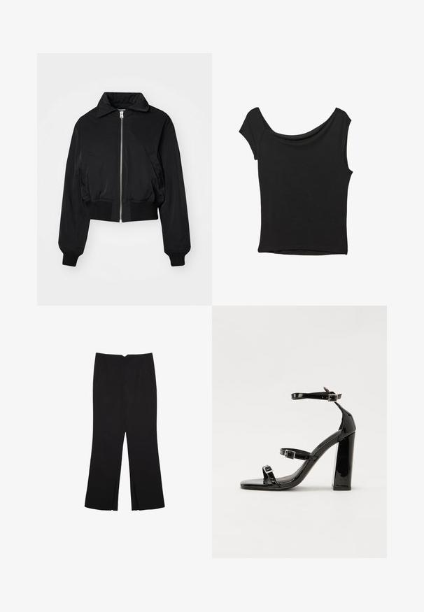 Weekday PADDED JACKET - Pilotska jakna - black; Crna majica kratkih rukava od glatkog materijala; ima drapirani izrez i asimetrični donji rub, uz prilagođeni kroj tijela.; Crne hlače ravnog kroja, s prednjim džepovima i bočnim prorezima na rubu. Izrađene od mekog i glatkog materijala. Pogodne za razne prigode.; Crne lakirane sandale na pete sa kvadratnim nosom, trakama oko gležnja i srebrnim kopčama. Imaju čvrst blok petu za stabilnost.