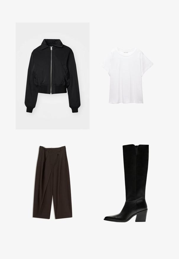 Weekday PADDED JACKET - Blouson Bomber - black; T-shirt blanc en tissu doux et léger. Il présente un col rond et des manches courtes et larges avec une coupe décontractée. Aucun motif visible.; Pantalons larges marron foncé à taille haute, dotés d'une fermeture à un bouton et d'un devant plissé. Confectionnés en tissu léger.; Bottes noires montantes en cuir lisse, avec un bout pointu, un talon bloc et une découpe en V en haut.