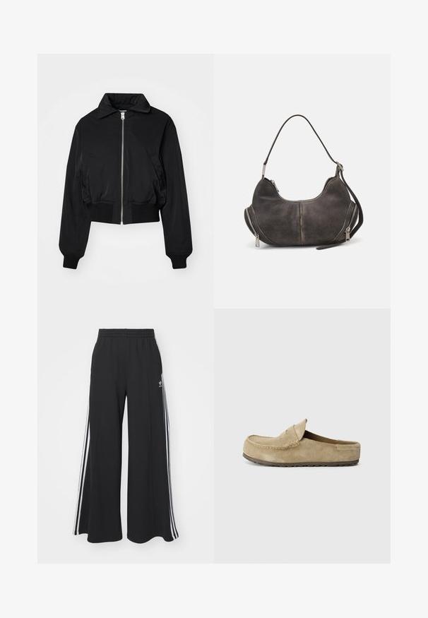 Weekday PADDED JACKET - Bomberjacke - black; Schwarzes geripptes Cropped-Top mit rundem Ausschnitt und ärmellosem Design. Hergestellt aus einem dehnbaren, strukturierten Stoff. Etikett mit der Aufschrift "Urban Classics."; Schwarze weite Sweatpants mit elastischem Bund, versehen mit weißen Seitestreifen und einem gestickten Logo auf dem linken Oberschenkel.; Birkenstock NAPLES WRAPPED LEVE TAUPEN - REGULAR - Pantolette flach - taupe; Hobo-Tasche aus dunkelgrauem Wildleder mit geschwungener Form, Oberhandgriff und seitlichen Reißverschlüssen mit Metallzügen. Glatte Textur und sichtbare Nähte.