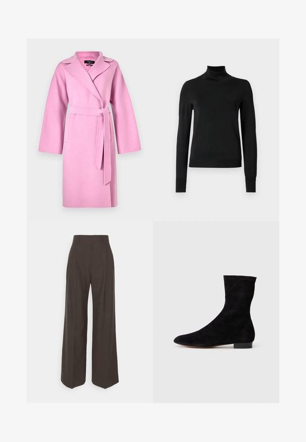 Roosa villasegu üleminekutee, millel on pikad varrukad, krae, sidumisvöö ja kaks esist taskut. Sile tekstuur ja põlvepikkune disain.; Mustmusterta mustaga pikkade varrukatega kõrge kaelusega sviiter, millel on ribakudumisega mansetid ja äär, esitatud lihtsal valgel taustal.; Tumepruunid lai jalad püksid kõrge vöökohaga, millel on korralikult pressitud kortsud, sile tekstuur ja täpselt sobiv lõige.; Musthave mustan nahast pahkluu saabas, millel on kitsas vars, terav nina ja madal plokk-konts. Pehme tekstuur ja minimalistlik disain, sobib mitmekesiseks stiliseerimiseks.