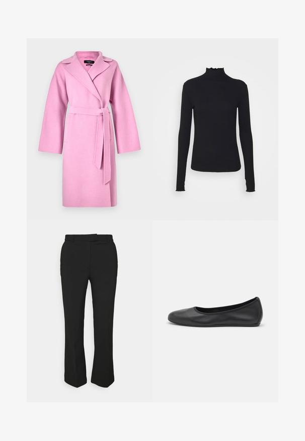 Casaco envolvente rosa em mistura de lã com mangas longas, colarinho recortado, cintura atada e dois bolsos frontais. Textura suave e design até aos joelhos.; Top preto de manga longa com gola alta, feito de um tecido suave, apresentando uma gola fruncida e uma silhueta ajustada com bordas simples.; Calças pretas sob medida com um design de perna reta, apresentando passantes para cinto e bolsos laterais. Feitas de um tecido suave com um acabamento limpo.; Bailarina preta em pele com bico arredondado, textura suave, detalhe de costura minimalista e design de sola flexível.