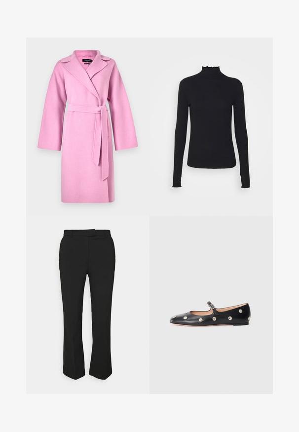 Lyserød uldblandingskappe med lange ærmer, v-formet krave, bindebælte i taljen og to forlommer. Glat tekstur og knælangt design.; Sort langærmet turtleneck top lavet af glat stof, med en rynket krave og tætsiddende silhuet med enkle kanter.; Sort skræddersyede bukser med lige ben, der har bæltestropper og sidelommer. Fremstillet af glat stof med en ren finish.; Sorte læder Mary Jane flad sko med en rund tå, udstyret med sølvfarvede runde nitter og en justerbar rem med spænde.
