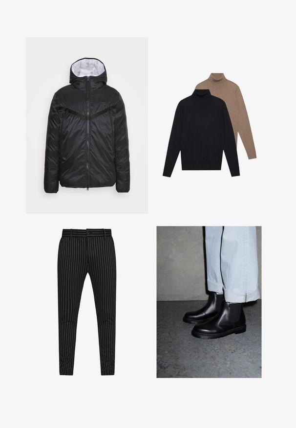 Nike Sportswear REVIVAL - Casaco leve - black/dark smoke grey; Dois suéteres de gola alta de manga longa, um em preto e outro em bege claro, feitos de um tecido de malha suave, com um design ajustado e punhos canelados.; Calças pretas riscas com riscas brancas verticais, um design slim fit, e um fecho de botão com passantes para cinto para ajuste do tamanho.; Botas Chelsea pretas de pele com painéis laterais elásticos e sola de borracha texturizada, combinadas com jeans de ganga azul clara com bainha dobrada.