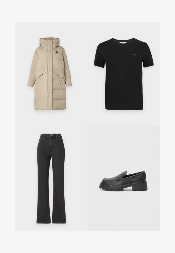 Blauer LENA - Pūkinis paltas - arachide; Juodas medvilnės marškinėlis su klasikiniu apykaklės kirpimu, trumpomis rankovėmis ir mažu baltu išsiuvinėtu "ck" logotipu ant krūtinės.; Juodi aukštu liemeniu platėjantys džinsai, pagaminti iš džinsinio audinio, su mygtuko uždarymu, diržo kilpomis ir šoninėmis kišenėmis. Lygus paviršius su minimaliais išblukimais.; Juodi odiniai loaferiai su apvaliu pirštu, storu tekstūruotu padu ir minimaliu siūlių dekoru. Išskirtinis dizainas be matomų raištelių ar furnitūros.
