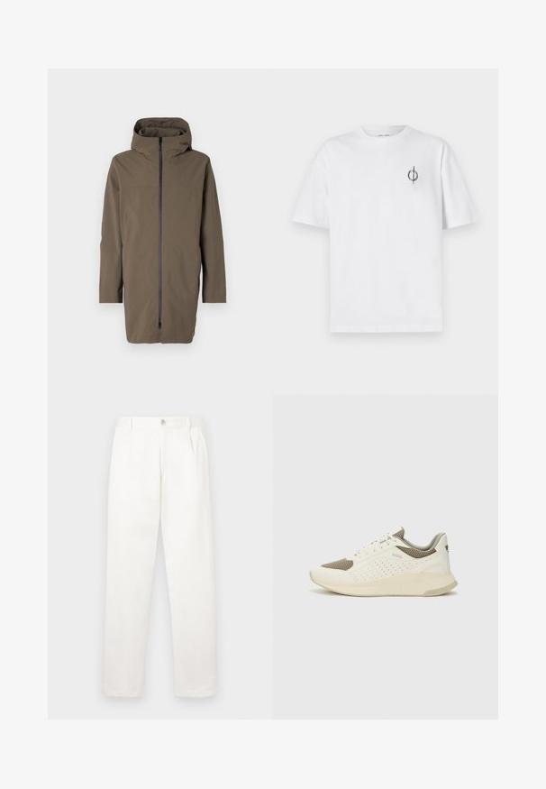 Barna kapucnis dzseki, teljes elülső cipzárral, hosszú ujjakkal és letisztult dizájnnal. Simább, könnyű, vízálló anyagból készült.; Fehér pamut póló laza szabással, kis fekete grafikai logóval a bal mellen. Rövid ujjak, kerek nyakkivágás.; Fehér nadrág sima anyagból, egyenes lábbal, elülső pliszékkal és egy gombos záródással a derékon.; Fehér és világos bézs sportcipő, légies hálós felsőrésszel, perforált részletekkel és texturált középtalppal, amelyen a saroknál a márka logója található.
