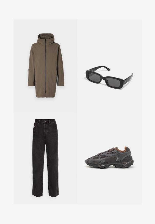 Giacca cappuccio marrone con zip frontale completa, maniche lunghe e design minimalista. Realizzata in materiale liscio, leggero e resistente all'acqua.; T-shirt a maniche lunghe nera in cotone, con scollatura rotonda e un piccolo logo di coccodrillo ricamato in verde sul lato sinistro del petto.; Pantaloni wide-leg in denim nero con vita alta, chiusura con bottone frontale, due tasche laterali e dettagli di cucitura sottili.; Sneaker Lacoste grigie scure in materiale mesh e sintetico, con suola testurizzata e dettagli marroni sul colletto e sul branding.; Occhiali da sole neri rettangolari con lenti scure, montature in plastica liscia e aste larghe. Branding sottile sul lato.