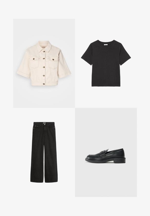 Kratka bežna jeans jakna s kratkimi rokavi, dvema žepoma na prsih, mesingastimi gumbi in diskretnimi šivi.; Črna majica s kratkimi rokavi iz mehkega materiala, s krožnim izrezom. Oblikovanje je preprosto, brez vidnih vzorcev ali dodatkov.; Široke črne denim hlače z visokim pasom. Imajo pet žepov, kovinske dodatke in čist zaključek. Njihova tekstura je gladka in mehka.; Črne usnjene loafer čevlje z zaobljenim nosom, šivanim detajlom in majhnim peto. Gladka tekstura in fleksibilen gumijast podplat.