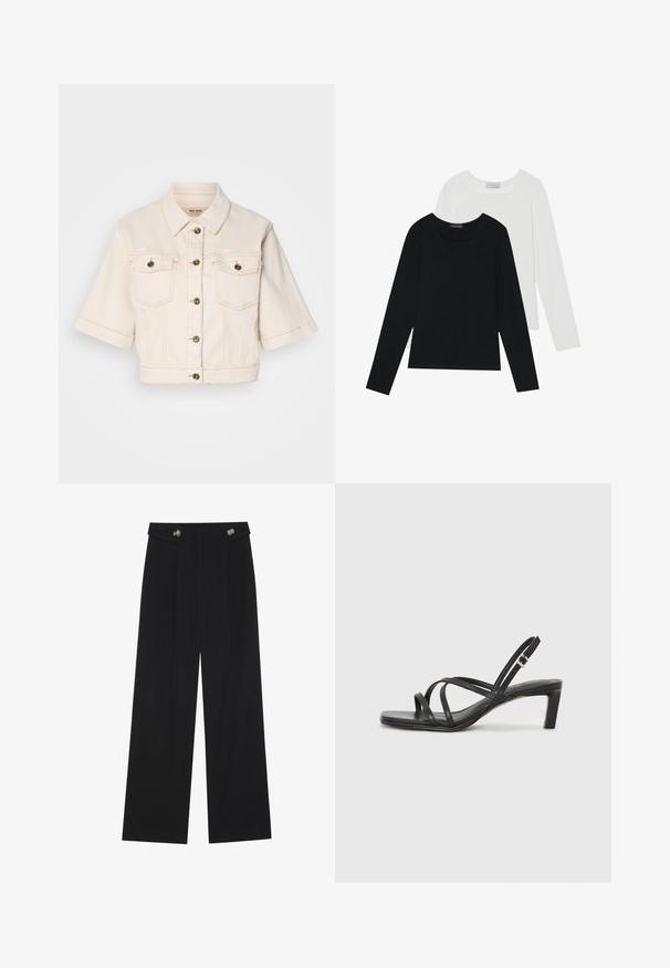 Geknipte beige spijkerjasje met korte mouwen, twee borstzakken, messing knopen en subtiele stikdetails.; Twee shirts met lange mouwen, één zwart en één wit, beide met een vierkante halslijn en gemaakt van zacht, rekbaar materiaal.; Zwarte wijde broek met hoge taille, knoopdetails op de tailleband en plooien aan de voorkant.; Zwarte sandaal met bandjes, vierkante teen en een lage blokhak. Voorzien van meerdere dunne bandjes en een verstelbare enkelband. Gemaakt van zacht leer.