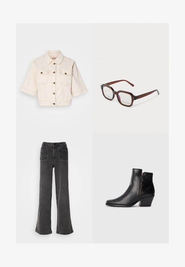 Kratka bežna jeans jakna s kratkimi rokavi, dvema žepoma na prsih, mesingastimi gumbi in diskretnimi šivi.; Črna brezrokavna turtleneck majica, izdelana iz gladkega materiala. Prilagojen dizajn z visokim ovratnikom in ravnim robom, minimalistična in enobarvna.; Visoko pasovane, široke črne kavbojke iz denima, ki imajo gumbasto zapiranje, pasne zanke in dve zadnji žepki s šivanim poudarkom.; Črne usnjene gležnjarji s podolgovatim nosom, stranskim zadrgo in debelim peto. Gladka tekstura in minimalistična zasnova.; Rjavi prozorniki pravokotne oblike z jasnimi lečami, lahkim purpurnim odsevom in majhnimi zlatimi okrasnimi pikami na sprednjih vogalih.