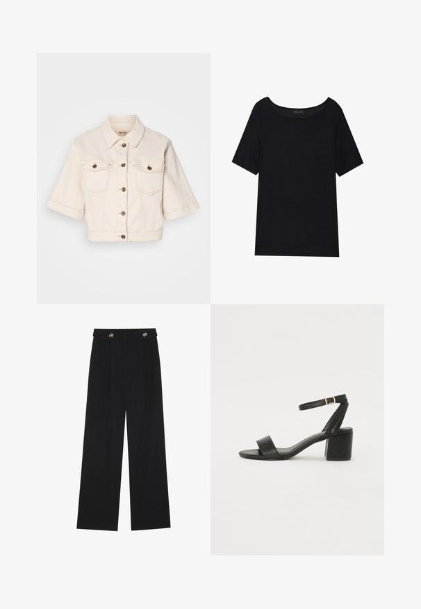 Skraćena bež traper jakna s kratkim rukavima, dva džepa na prsima, mesinganim dugmadi i suptilnim detaljima prošivanja.; Crna majica s kratkim rukavima i širokim izrezom. Izrađena od mekog, laganog materijala. Jednostavan dizajn bez uzoraka ili detalja.; Crne hlače širokih nogavica s visokim strukom, s dugmadi na pojasu i prednjim nabora.; Crne sandale na visoku petu s glatkim kožnim gornjim dijelom, otvorenom kapicom, širokim prednjim trakama i podesivim remenom oko gležnja s detaljem zlatne kopče.