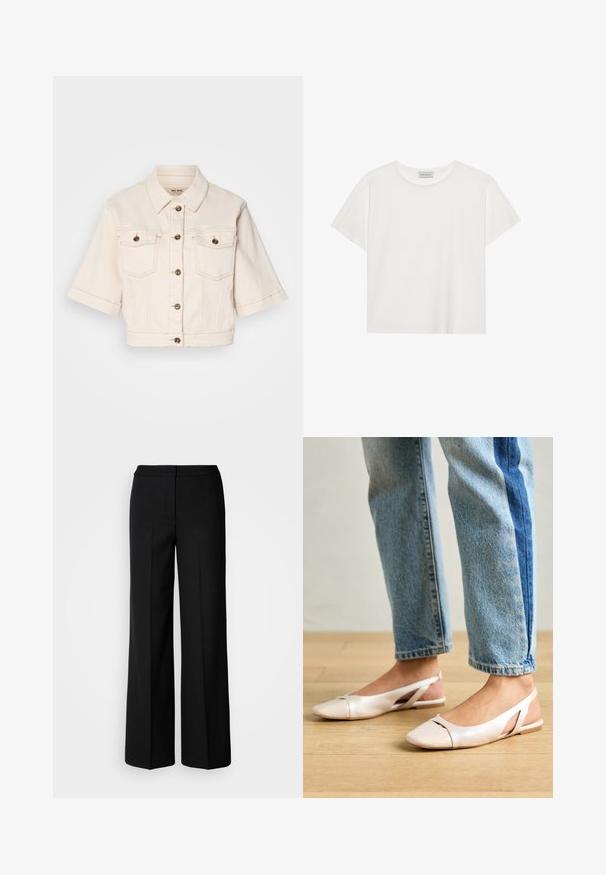 Lyhythihainen vaaleanbeige farkkutakki, jossa on kaksi rintataskua, messinkipainikkeet ja hienovaraisia ompeluyksityiskohtia.; Valkoinen lyhythihainen T-paita, joka on valmistettu pehmeästä puuvillasta. Siinä on pyöreä kaula-aukko ja rento istuvuus. Siisti muotoilu ilman näkyviä kuvioita tai yksityiskohtia.; Mustat leveät housut, joissa on sileä kangas, korkea vyötärö, muotoillut saumat ja minimalistinen muotoilu. Ei näkyvää varustusta tai taskuja.; Vaaleanpunaiset slingback-ballerinat, joissa on terävä kärki, valmistettu sileästä nahkamaisesta materiaalista. Sivujen leikkuuyksityiskohdat ja tasapohja.
