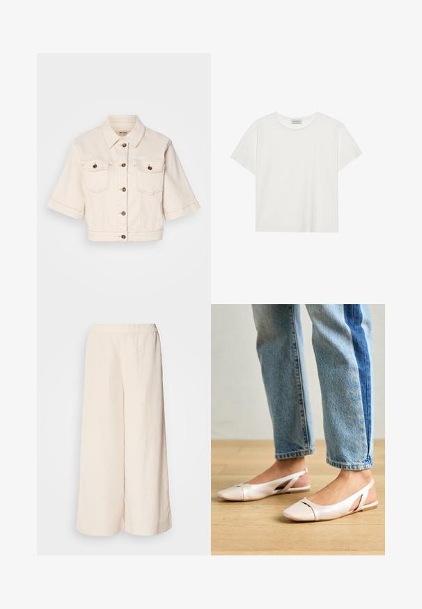 Geknipte beige spijkerjasje met korte mouwen, twee borstzakken, messing knopen en subtiele stikdetails.; Witte T-shirt met korte mouwen, gemaakt van zachte katoen. Heeft een ronde halslijn en een relaxte pasvorm. Schoon ontwerp zonder zichtbare patronen of accenten.; Crème wijde broek met een elastische tailleband, met een ontspannen pasvorm en een gladde textuur, geschikt voor casual gebruik.; Zachtroze slingback ballerina's met een spitse neus, gemaakt van een glad leerachtig materiaal. Bevat uitsnijdingen aan de zijkanten en heeft een platte hak.