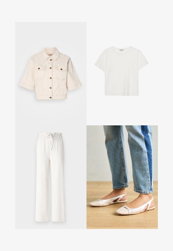 Izgriezta bežīga denima jaka ar īsām piedurknēm, divām krūšu kabatām, misiņa pogām un diskrētām šuvju detaļām.; Balts īsām piedurknēm T-krekls, kas izgatavots no mīksta kokvilnas. Tam ir apaļš izgriezums un brīvs piegriezums. Tīrs dizains bez redzamām rakstiem vai akcentiem.; Baltas platās bikses, izgatavotas no mīkstas auduma, ar punktu jostas vietā un gludu tekstūru. Nav redzami raksti vai rotājumi.; Bālti rozā siksniņu dzīvokļi ar smailu purngalu, izgatavoti no gludas ādas līdzīgās materiāla. Iezīmē izgriezumu detaļas sānos un platu papēdi.