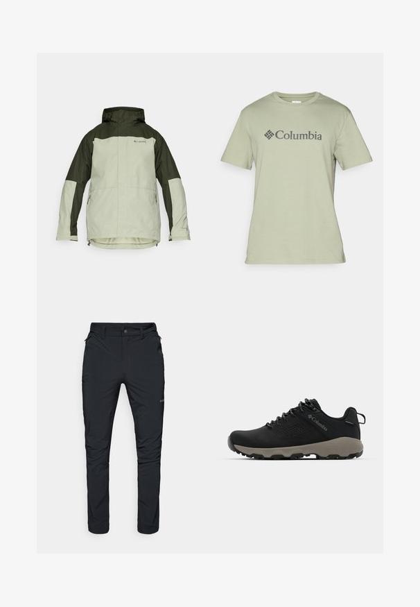 Veste imperméable vert clair et vert foncé avec capuche, dotée d'une fermeture éclair, de poches latérales et d'accents de logo.; T-shirt en coton vert clair avec un col rond, des manches courtes et un logo "Columbia" gris foncé à l'avant. Texture lisse.; Pantalons d'extérieur noirs avec une coupe droite, dotés de poches zippées, de passants de ceinture et d'une texture de tissu légère et durable.; Chaussure de randonnée noire avec une tige lisse, un design perforé, une semelle extérieure grise et un talon renforcé. Comprend des lacets et une languette pour un enfilage facile.