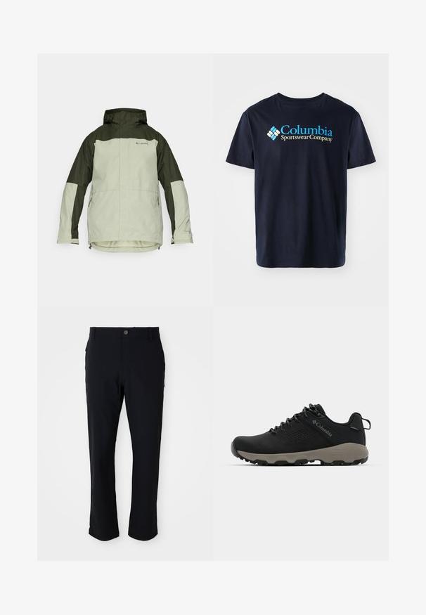 Veste imperméable vert clair et vert foncé avec capuche, dotée d'une fermeture éclair, de poches latérales et d'accents de logo.; Columbia BASIC LOGO™ SHORT SLEEVE - T-shirt imprimé - black; Pantalon noir avec fermeture à bouton, coupe droite, texture lisse et poches latérales, adapté à diverses occasions.; Chaussure de randonnée noire avec une tige lisse, un design perforé, une semelle extérieure grise et un talon renforcé. Comprend des lacets et une languette pour un enfilage facile.