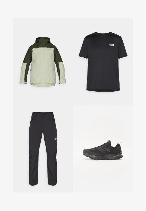 Veste imperméable vert clair et vert foncé avec capuche, dotée d'une fermeture éclair, de poches latérales et d'accents de logo.; T-shirt noir à manches courtes en tissu léger. Présente un petit logo blanc sur la poitrine gauche et des accents subtils aux épaules.; Pantalons d'extérieur noirs en matière synthétique avec une poche avant zippée, jambes fuselées et panneaux de genoux renforcés. Comprend une fermeture à bouton.; Baskets de sport noires avec tige en mesh, semelle en caoutchouc et col rembourré. Dotées de lacets, d'un logo sur le côté et d'un design texturé.