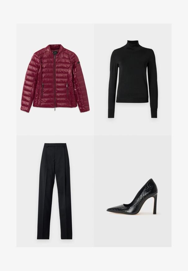 Jachetă căptușită burgundy cu fermoar în față, guler în picioare, două buzunare laterale și textură netedă, lucioasă din nailon. Design cu matlasare orizontală.; Pulover negru cu mânecă lungă și guler tip colier, cu manșete și tiv cu elastic, expus pe un fundal alb simplu.; Pantaloni negri dintr-un material neted, cu talie înaltă, picioare largi, pliuri frontale și loop-uri clasice pentru curea. Fără buzunare laterale vizibile.; Pantofii cu toc înalt, ascuțiți, de culoare neagră, cu textură de piele de crocodil, având un design elegant, toc în stil stiletto și interior neted de culoare neagră.
