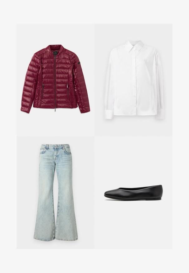 Burgundijas krāsas pildīts jakas ar rāvējslēdzēju priekšā, stāvapkakli, divām sānu kabatām un gludu, spīdīgu neilona tekstūru. Horizontāla kviltēta dizaina.; Balta, garām piedurknēm, ar pogām aizpogājama krekla no gludas kokvilnas šķiedras. Tam ir klasiskā apkakle, priekšējā aizpogājamā daļa un noapaļotas aproces.; Gai zila platā kāju džinsu bikses, izgatavotas no denima, ar augstu jostasvietu, kabatām un saplosītiem malu galiem. Audumam ir izteikta izbalējusi krāsa un smalks raksts.; Paul Smith TOPANGA - Balerīnas laiviņas - black