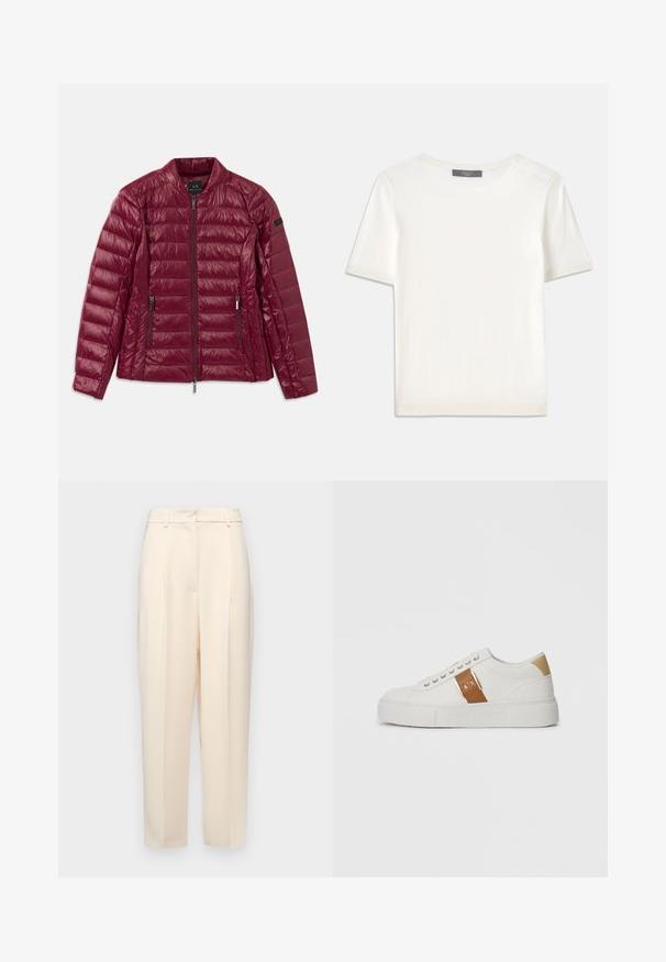 Bordová prešívaná bunda s predným zipsom, stojačikom, dvojicou bočných vreciek a hladkým, lesklým nylonovým povrchom. Horizontálne prešívaný dizajn.; Biele krátke rukávy pletené tričko s okrúhlym výstrihom, ktoré má jemnú textúru a nenápadné rebrované detaily na rukávoch a leme.; Béžové nohavice na mieru s rovnom strihom, so záhybmi vpredu, hladkým textúrom a stredným pásom. Bez viditeľných vreciek.; Biele nízkopodrážkové tenisky s béžovým opätkom, hnedým koženým pásikom so zlatou sponou a značkou A|X, a embosovanou podrážkou Armani Exchange.