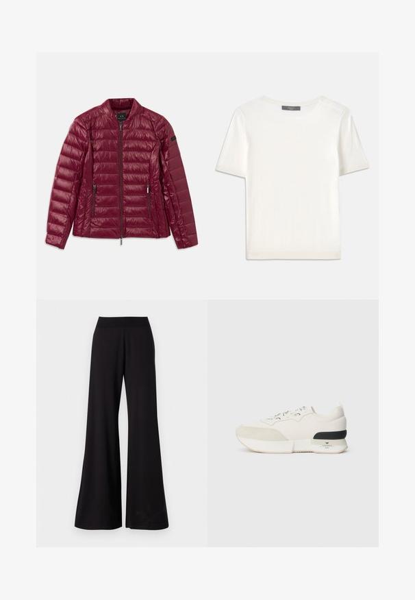 Burgunderrød polstret jakke med glidelås foran, ståkrage, to sidelommer og glatt, skinnende nylontekstur. Horisontal quiltingdesign.; Hvit kortermet strikket topp med rund hals, med en glatt tekstur og subtile ribbede detaljer på ermer og kant.; Svarte vide bukser laget av glatt stoff med høy, elastisk midje. Bukser har full lengde og et enkelt design uten mønstre.; Hvite sneakers med en teksturert ser ut som en suede tåhette, glatt mesh-overdel, dekorative snørebånd og en svart gummihælaccent.
