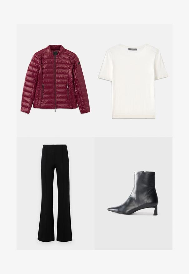Bordeaux polstret jakke med lynlås foran, stående krave, to sidelommer og glat, blank nylonoverflade. Vandret quiltet design.; Hvid kortærmet strikbluse med rund halsudskæring, der har en glat tekstur og subtile ribbede detaljer ved ærmerne og kanten.; Sorte højtaljede flared bukser lavet af strækbart stof. Har vertikale sømdetaljer foran og en glat tekstur.; Sort læder ankelstøvle med spids tå og et strømlinet design. Har en lav hæl og en lynlås lukning bagpå. Glat tekstur.