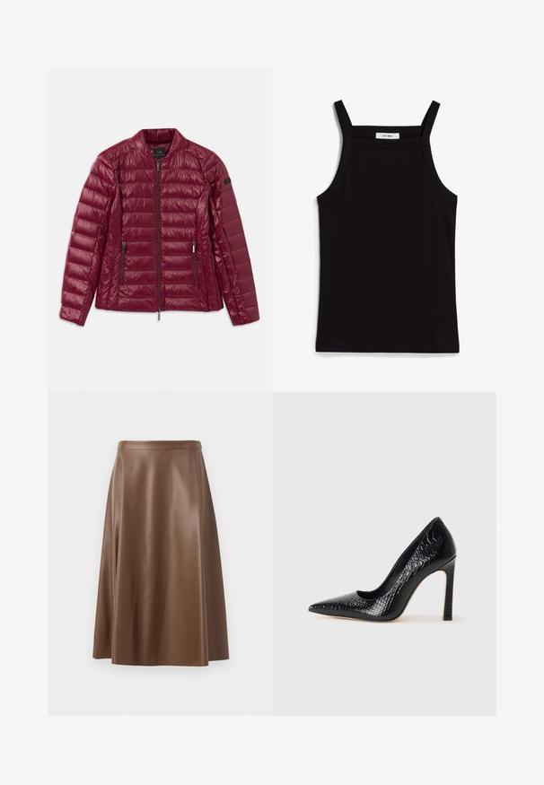 Burgundi spalvos pūkinė striukė su užtrauktuku, stovinčiu apykakle, dviem šoninėmis kišenėmis ir lygia, blizgia nailono tekstūra. Horizontalus siuvinėjimo dizainas.; Juodas topas su plonais spaghetti petnešomis, pagamintas iš rausvos medžiagos, turintis tiesų kirpimą ir etiketę prie iškirpės, ant kurios parašyta "IVY OAK."; Ruda odinė A formos sijonas su lygiu paviršiumi ir vidutinio ilgio hemu. Yra prigludusi juosmens linija ir švelnus šonų išplatėjimas.; Juoda smailiakulnė aukšto kulno bateliai su krokodilo odos tekstūra, pasižymintys elegantišku dizainu, aukštu stiletu kulnu ir lygia juoda vidine dalimi.