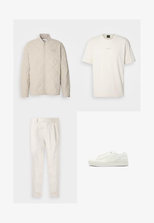 Ljusbeige kviltad jacka med ståkrage, fullständig framdragkedja och subtil logopatch på bröstet. Slät textur och strömlinjeformat design.; BOSS TEE - T-shirt - bas - open white; Vita, plisserade byxor med skräddarsydd passform, med en mjuk yta, bälteshängare och avsmalnande ben. Inga synliga fickor eller mönster.; Vita lädersneaker med en texturerad ovandel, rund tå, minimalistisk design och en gummisula med sömdetaljer.