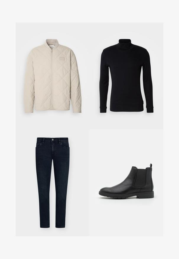 Helebežbeige tepitud jope, millel on seisukrae, täispikk tõmblukk ja diskreetne logopatch rinnal. Sile tekstuur ja voolujooneline disain.; Must musta varrukatega kõrge kaelusega särk pehmest kangast. Omab kokku pressitud disaini ribakattega varrukatele ja sileda tekstuuri. Ilma mustrite ja logodeta.; Tumed sinine teksariie, kitsas lõige, viie tasku disain, nööpidega sulgemine ja minimaalne kulumine. Lame esipind ja kitsad sääreotsad.; Mustat nahast Chelsea saapad elastsete külgpaneelide ja tõmbeotsaga, ümarate varvaste ja tekstuurse kummitaldiga.