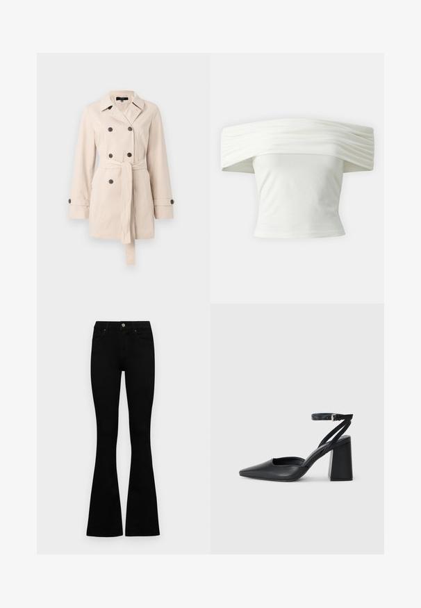 Palton bej cu un design cu dublu rând de nasturi, având nasturi negri, o talie cu curea și mâneci lungi cu manșete cu nasturi.; Bluză albă cu umerii la vedere, cu guler plisat și structurat, și bust ajustat. Realizată dintr-un material moale, cu o textură netedă.; Jeans negri cu talie înaltă, cu închidere prin nasture și fermoar, buzunare frontale și picioare evazate, așezați pe un fundal alb.; Pantofii cu toc ascuțit din piele neagră, cu breteaua pentru glezne și toc gros. Textură netedă, design elegant și estetică minimală.