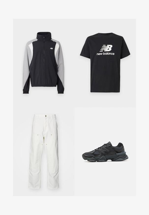 Črna in siva vetrovka z visokim ovratnikom, polnim zadrgo, elastičnimi manšetami in kotno barvno blokiranje z belimi poudarki.; Črna bombažna majica s kratkimi rokavi, ki na sprednji strani prikazuje belo ikono New Balance in grafični dizajn. Ima okroglo izrezo.; Bela bombažna cargo hlače z udobnim krojem. Značilnosti vključujejo sprednje žepe, zlato poudarjeno kovinsko opremo in ojačane kolenske dele.; Črne tekaške superge, ki združujejo mrežaste in sintetične materiale, imajo debel podplat, ukrivljen oblikovni slog ter izrazito blagovno znamko na strani.