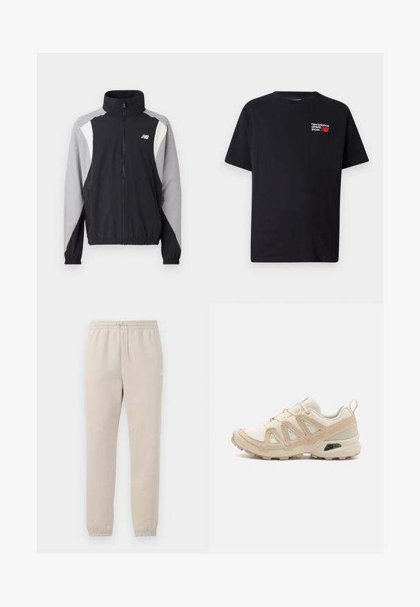 Black and gray windbreaker jacket with high collar, full zip, elastic cuffs, and angular color-block design featuring white accents.; Black cotton t-shirt with a round neckline. Features a small red and white "New Balance" logo and text on the upper left chest area.; Light beige sweatpants made of soft fabric with an elastic waistband, adjustable drawstring, and tapered cuffs at the ankles.; Beige and cream athletic shoe with textured mesh upper, supportive overlays, and rubber outsole featuring a tread pattern for traction.