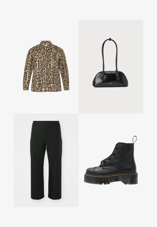 Jakke med leopardmønster i beige og sort. Knaplukning foran, lange ærmer, to brystlommer og en klassisk krave. Tekstureret stof.; Sort top med lange blonderærmer, der har en solid sort krop og blomsterlacemønster. Rund udskæring med glat tekstur.; Vero Moda Curve VMCAUGUSTA PANT - Bukser - black; Sorte læder ankelstøvler med tekstureret overflade, rund tå, snørebåndsdesign, gule stikninger og en tyk, rillet sort platformsål.; Sort håndtaske i krokodillemønster med en glat tekstur, rund form og to slanke håndtag. Guld-logo nær bunden.; Sølvøreringe, rund form, glat metaloverflade, ingen synlige udsmykninger, let design, ensartet tykkelse.