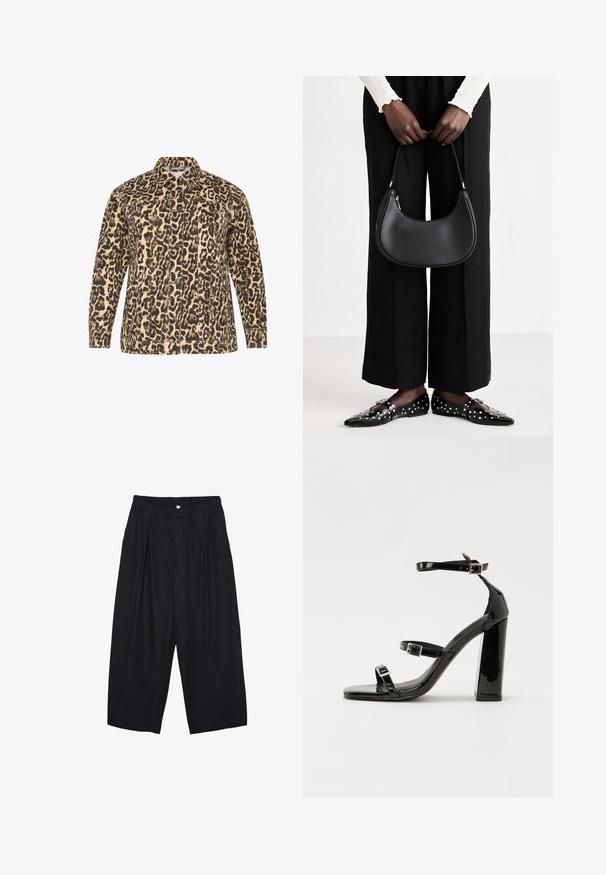 Jakna s leopardskim uzorkom u bež i crnoj boji. Prednji dio na dugmad, duži rukavi, dva džepa na prsima i klasični ovratnik. Teksturirana tkanina.; Set od dvije duge majice s dugim rukavima u bijeloj i crnoj boji. Rebrasta tekstura, okrugli izrez, uski kroj s blago raširenim rukavima.; Crne poliester hlače culotte s elastičnim pojasom, dva prednja nabora i širokim krojem. Nema vidljivih uzoraka ili metalnih detalja.; Crne lakirane sandale na pete sa kvadratnim nosom, trakama oko gležnja i srebrnim kopčama. Imaju čvrst blok petu za stabilnost.; Crna kožna torba preko ramena zaobljenog oblika, s sjajnom završnom obradom i srebrnim hardverom. Osoba nosi crne hlače širokog kroja i loaferice sa studovima.
