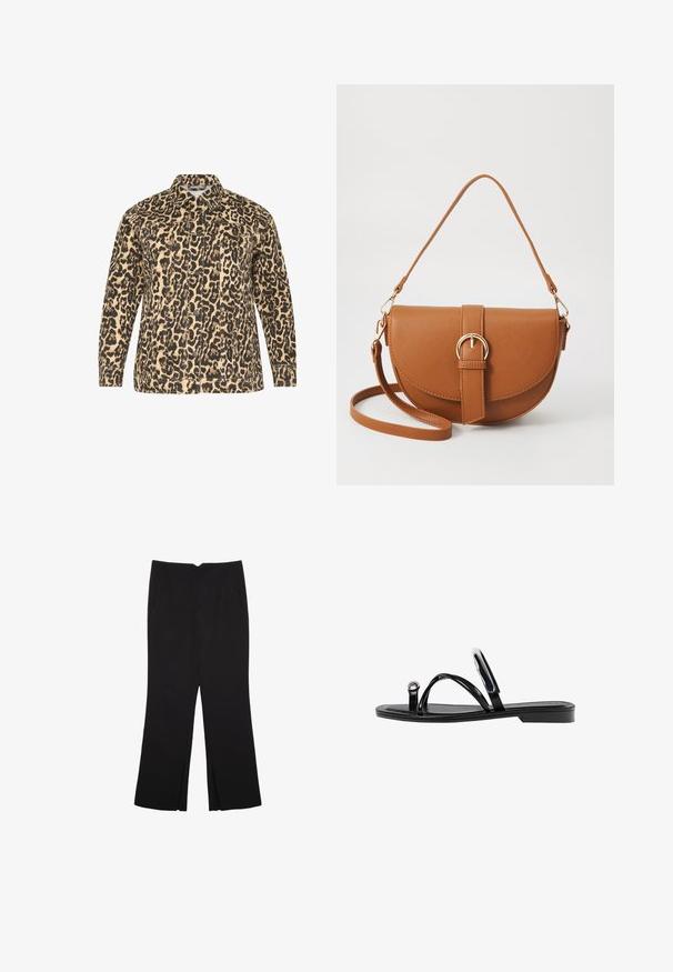 Leopardenmusterjacke in Beige und Schwarz. Knopfverschluss vorne, lange Ärmel, zwei Brusttaschen und klassischer Kragen. Strukturierter Stoff.; Schwarzes Tanktop aus Baumwolle mit rundem Halsausschnitt und weiten Armöffnungen. Glatte Textur mit genähten Säumen. Klassisches, minimalistisches Design.; Schwarze Hose mit geradem Schnitt, ausgestattet mit Fronttaschen und Seitenschlitzen am Saum. Hergestellt aus weichem, glattem Stoff. Geeignet für verschiedene Anlässe.; Schwarze flache Sandalen mit glänzender Oberfläche, drei dünnen Riemen und einem runden Hardware-Detail an den Zehen. Elegantes Design mit einem minimalen Absatz.; Braune Leder-Crossbody-Tasche mit geschwungener Form, goldfarbenen Beschlägen und einer Schnallenakzentuierung. Verfügt über einen abnehmbaren Schultergurt.