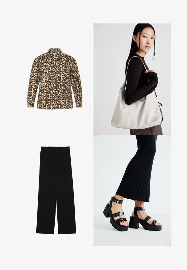 Chaqueta de estampado de leopardo en beige y negro. Cierre de botones en la parte delantera, mangas largas, dos bolsillos en el pecho y un cuello clásico. Tejido texturizado.; Top corto negro de canalé con cuello redondo y diseño sin mangas. Fabricado en una tela suave y elástica, cuenta con bordes limpios y rematados.; Pantalones de pierna ancha negros con una cintura con volantes, que cuentan con dos bolsillos laterales y una tela suave y ligera. Sin patrones visibles ni accesorios.; Sandalias de plataforma negras con suelas gruesas y dentadas, y múltiples correas, que presentan hebillas de metal y una textura similar al cuero suave.; Bolso de mano beige hecho de material suave, con un diseño holgado, detalles cosidos y dos asas. Adecuado para uso diario.