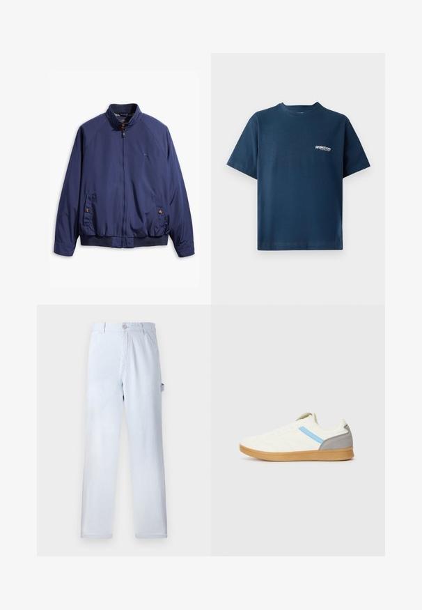 Marineblaue Jacke mit einem Reißverschluss vorne, Stehkragen und elastischen Bündchen. Verfügt über zwei seitliche Taschen mit Knopfverschluss und ein kariertes Futter.; Navyblaue Baumwoll-T-Shirt mit kurzen Ärmeln und rundem Halsausschnitt. Mit einem kleinen weißen Logo im linken Brustbereich. Weiche Textur.; Helle blau gestreifte Hose aus Baumwolle. Gerades Bein-Design, mit einem vorderen Knopfverschluss und Seitentaschen. Weicher Stoff.; Sneaker mit einem cremfarbenen Obermaterial, blauen Seitestreifen und grauem Fersenelement. Mit einem strukturierten Design und einer Sohle aus Gummi.