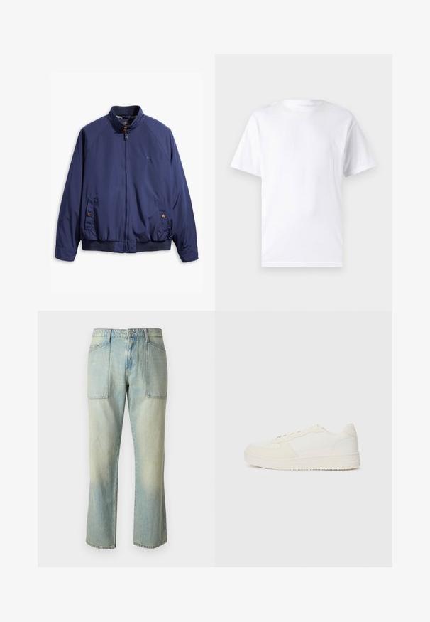 Marineblaue Jacke mit einem Reißverschluss vorne, Stehkragen und elastischen Bündchen. Verfügt über zwei seitliche Taschen mit Knopfverschluss und ein kariertes Futter.; Weißes kurzärmeliges T-Shirt aus Baumwolle mit Rundhalsausschnitt, das eine glatte Textur und ein einfaches Design ohne Muster oder Akzente aufweist.; Helle blaue Jeans mit geradem Bein, sichtbaren Nähten und zwei großen Fronttaschen. Der Stoff hat eine ausgewaschene Textur.; Weiße Sneaker mit einem Obermaterial aus glattem Leder und Wildlederakzenten. Sie verfügen über eine perforierte Zehenpartie, flache Schnürsenkel und eine Gummisohle mit strukturierten Details.