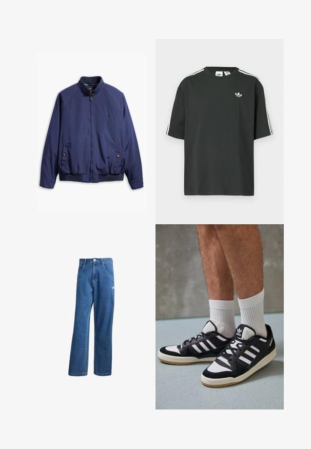 Mörkblå jacka med dragkedja framtill, ståkrage och elastiska ärmslut. Har två sidofickor med knappstängning och ett rutigt foder.; Svart bomulls-t-shirt med korta ärmar, rund halsringning och vita tre ränder på axlarna. Har en liten vit logotyp på bröstet.; Blå högmidjade vida jeans i denim med framfickor, bältesloopar, knappstängning och liten Adidas-logga på högra låret.; Svartvita sneakers med ovandel i mocka och läder, med tre vita ränder, perforerad tå och sula av gummigummi.