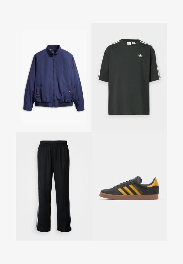 Mörkblå jacka med dragkedja framtill, ståkrage och elastiska ärmslut. Har två sidofickor med knappstängning och ett rutigt foder.; Svart bomulls-t-shirt med korta ärmar, rund halsringning och vita tre ränder på axlarna. Har en liten vit logotyp på bröstet.; Svarta träningsbyxor med elastisk midja, med vita sidostreck och en liten logotyp. Materialet verkar mjukt och lätt.; Svart mockaskor med gula accenter, med tre ränder och en brun gummisula. Inkluderar en vadderad tunga för extra komfort.