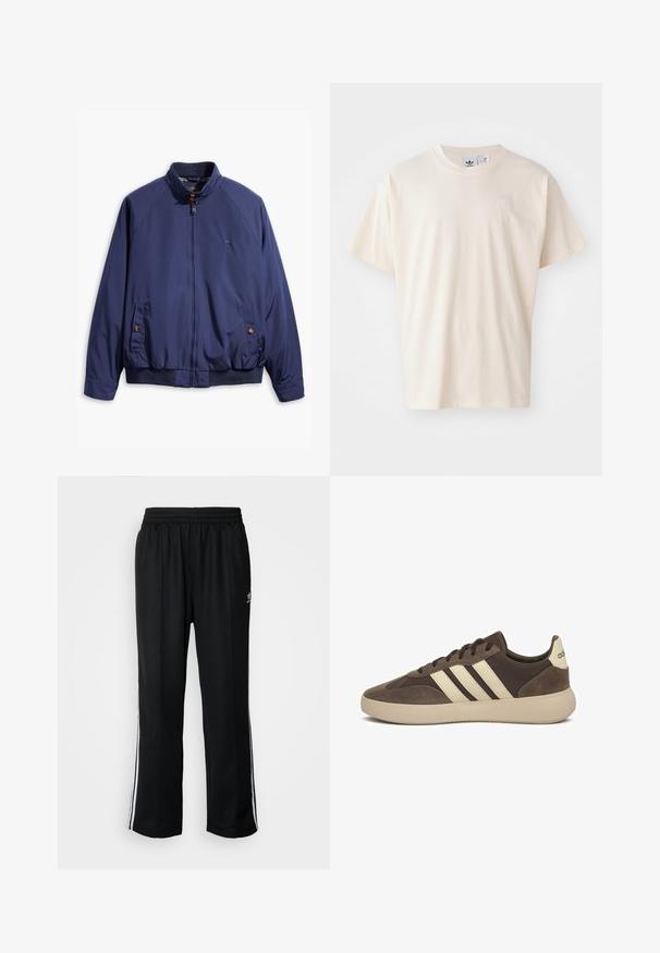 Marineblauwe jas met een rits aan de voorkant, staande kraag en elastische manchetten. Heeft twee zijzakken met knoopsluitingen en een geruite voering.; Crème katoenen t-shirt met een ronde halslijn en korte mouwen; heeft een klein, lichtgekleurde logo op de borst.; Zwarte sportbroeken met een elastische tailleband, voorzien van witte zijkanten en een klein logo. Het materiaal lijkt zacht en lichtgewicht te zijn.; Bruine suède sneaker met drie witte strepen, afgeronde neus, dikke rubberen zool en minimale branding op de hiel.