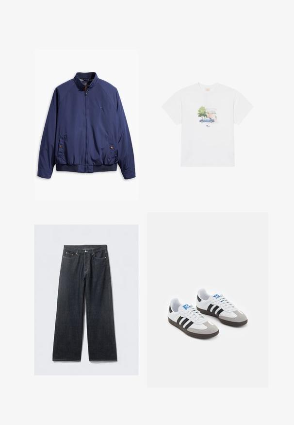 Laivastonsininen takki, jossa on vetoketjullinen etuosa, seisomakaulus ja joustavat hihansuut. Takissa on kaksi sivutaskua napillisilla sulkimilla ja ruudullinen vuori.; Valkoinen puuvillainen t-paita, jossa on printtisuunnittelu sinisestä autosta ja puusta pehmeissä väreissä, keskitettynä etupuolelle brändin nimen ylle.; Tummat farkut, joissa on leveät lahkeet ja korkeavyötärö, varustettu kuparinsävyisillä niiteillä ja kontrastivärisillä ompeleilla, sileä pintakuvio ja ilman näkyviä kuvioita.; Urheilukengät, joissa on valkoinen nahkainen päällinen, harmaa mokkanokka ja kolme mustaa raitaa. Ominaisuuksina sininen logo kielekkeessä ja kuvioitu kumipohja.