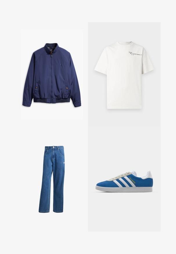 Navy blue jacket with a zippered front, stand collar, and elastic cuffs. Features two side pockets with button closures and a checkered lining.; White cotton t-shirt with short sleeves, crew neckline, and black printed text on the chest reading "Carhartt Work in Progress 1989."; Blue high-waist wide-leg denim jeans with front pockets, belt loops, button closure, and small Adidas logo on the right thigh.; adidas Originals ADIDAS GAZELLE SHOES - Indoor football boots - real madrid/bluebird/footwear white/crew yellow